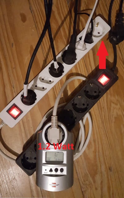 Ein Energiekosten-Messgerät zeigt einen Verbrauch von 1,2 Watt an, nachdem aus einer Steckdosenleiste ein Stecker entfernt wurde.