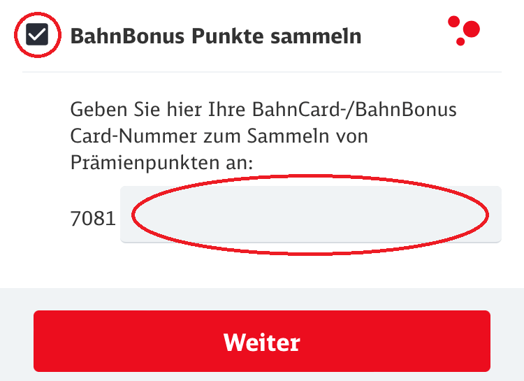 Häkchen zum sammeln von BahnBonus Punkten und Eingabefeld für BahnCard-/BahnBonus Card-Nummer