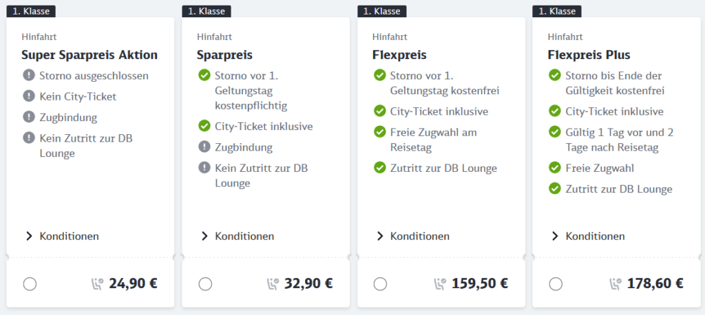 In der 1. Klasse kosten die Sparpreise auf der Strecke Mannheim-Dortmund bereits 24,90€ und der Flexpreis Plus 178,60€.