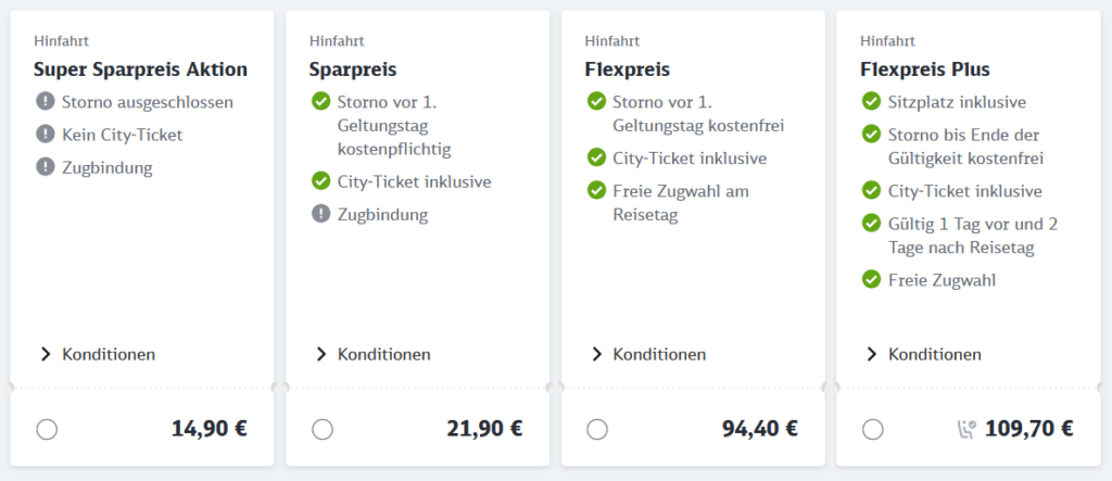 Ein Preisvergleich auf der Strecke Mannheim - Dortmund zeigt günstige Sparpreise ab 14,90€ und teure Flexpreise bis 109,70€.